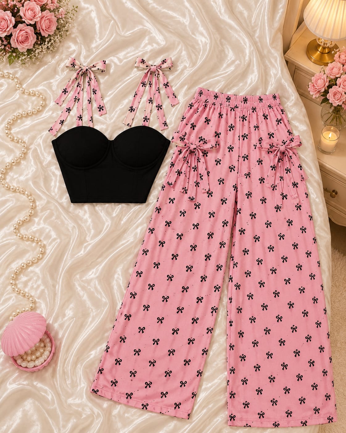 Bow-Tie Cami Top & Wide-Leg Pants Co-Ord Set