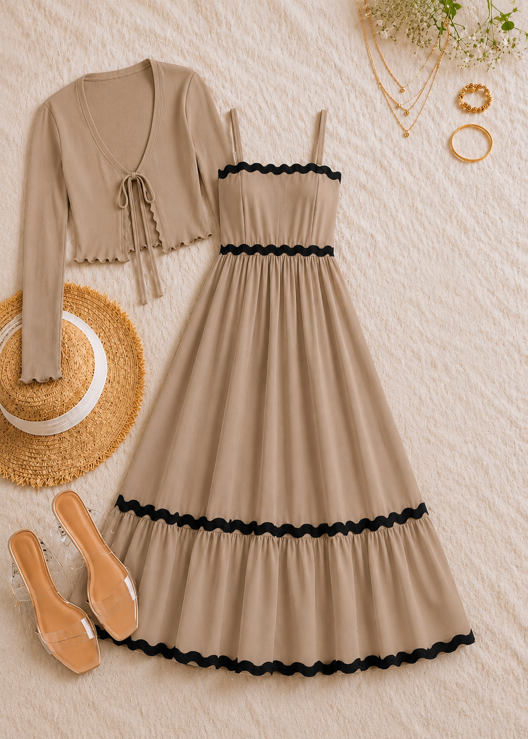 Elegant Maxi Dress with Contrast Scalloped Trim & Matching Tie-Front Cardigan