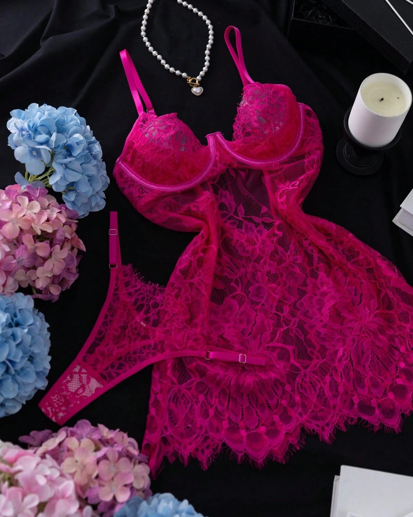 Sultry Floral Lace Babydoll Chemise Set with Matching G-String