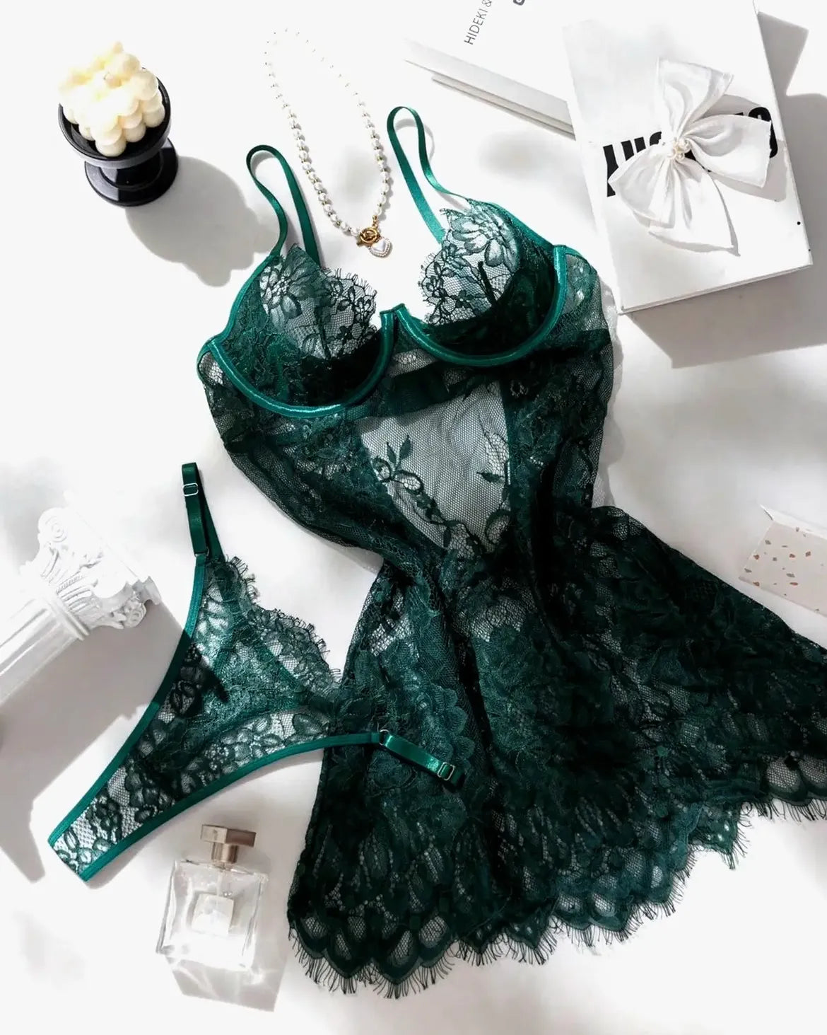 Sultry Floral Lace Babydoll Chemise Set with Matching G-String