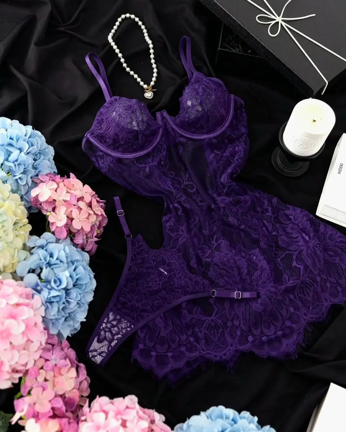 Sultry Floral Lace Babydoll Chemise Set with Matching G-String