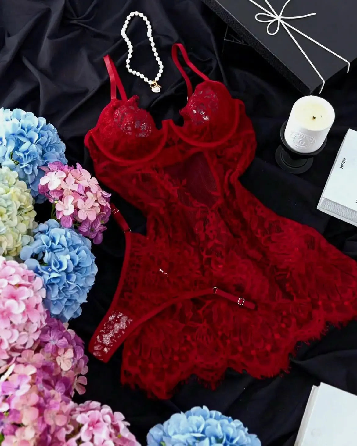 Sultry Floral Lace Babydoll Chemise Set with Matching G-String