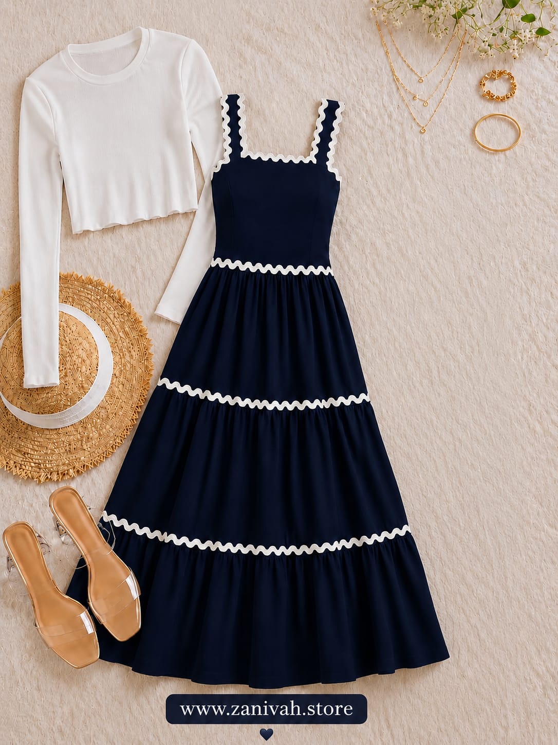 Elegant Maxi Dress with Contrast Scalloped Trim & Matching Tie-Front Cardigan