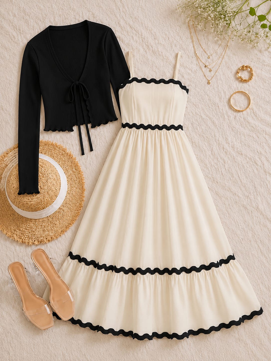 Elegant Maxi Dress with Contrast Scalloped Trim & Matching Tie-Front Cardigan