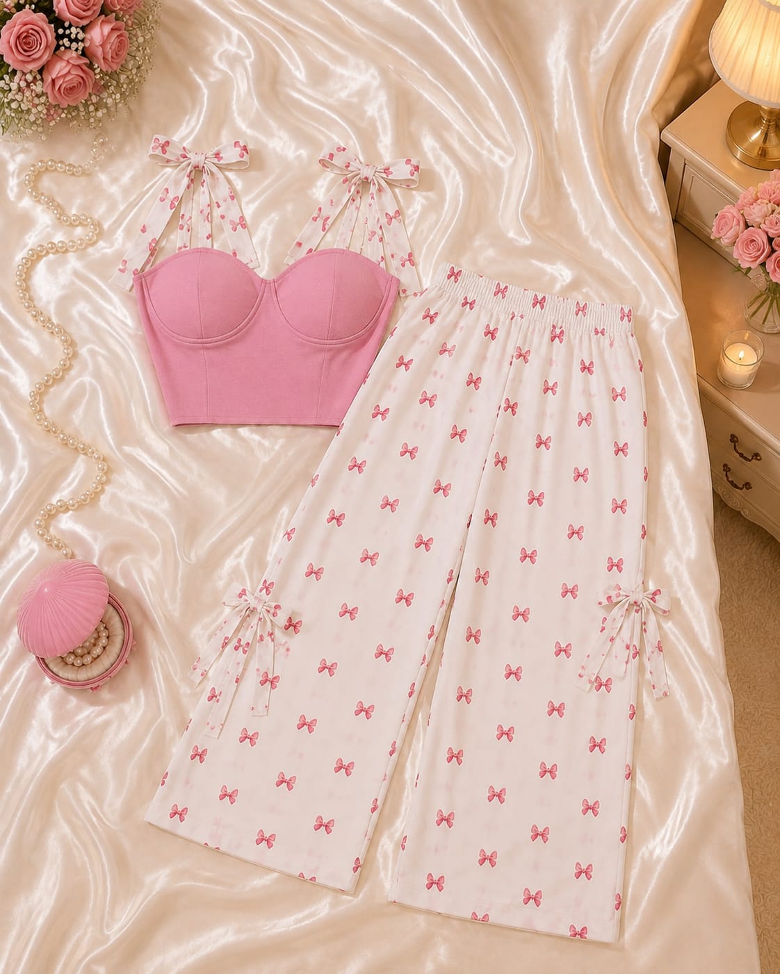 Bow-Tie Cami Top & Wide-Leg Pants Co-Ord Set