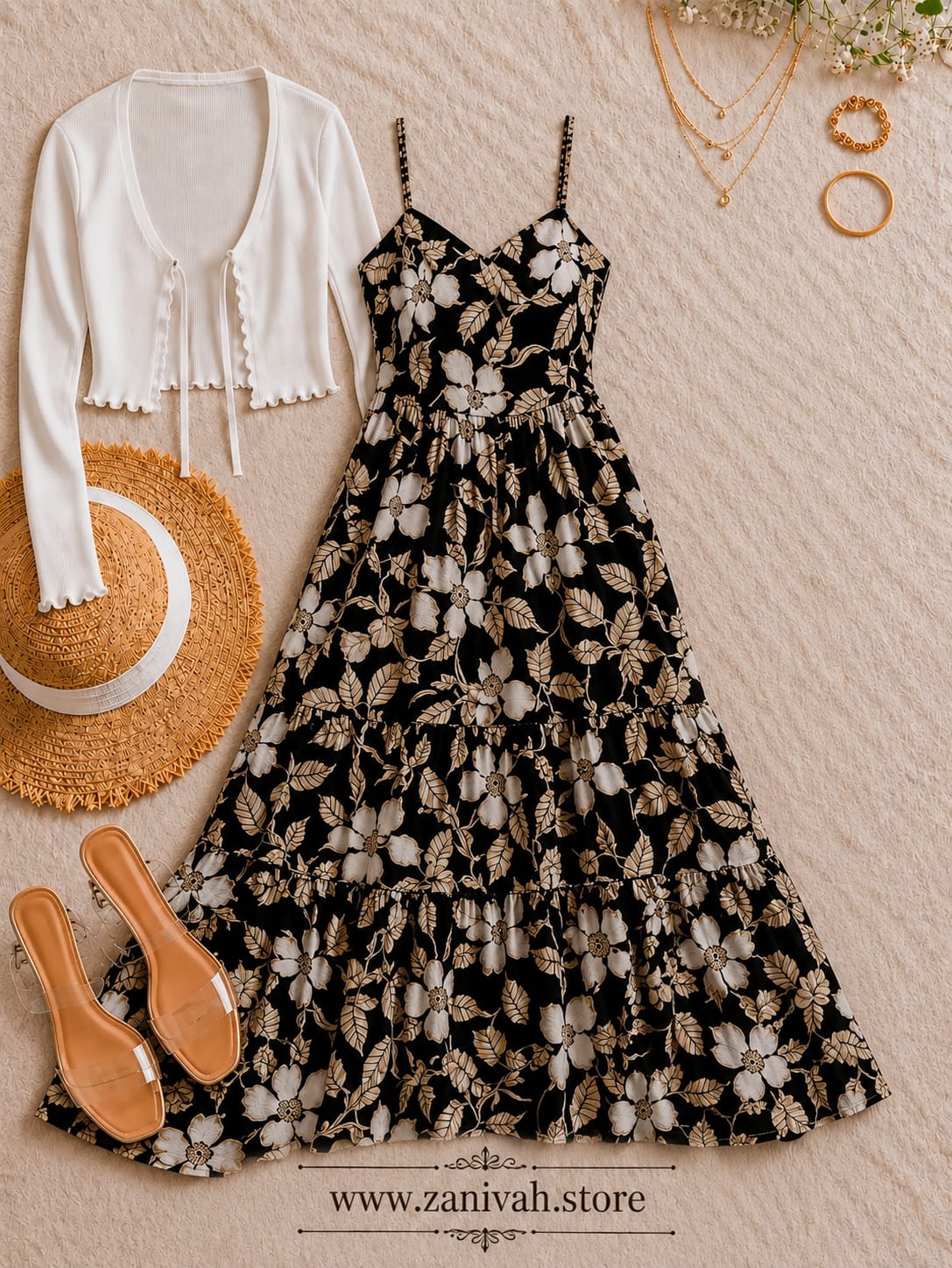 Elegant Maxi Dress with Contrast Scalloped Trim & Matching Tie-Front Cardigan