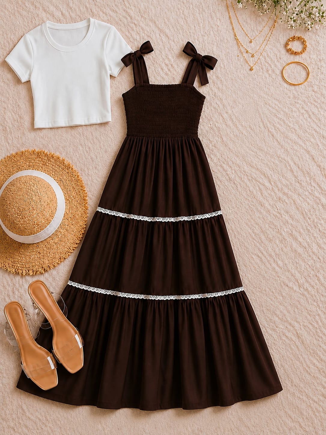Elegant Maxi Dress with Contrast Scalloped Trim & Matching Tie-Front Cardigan