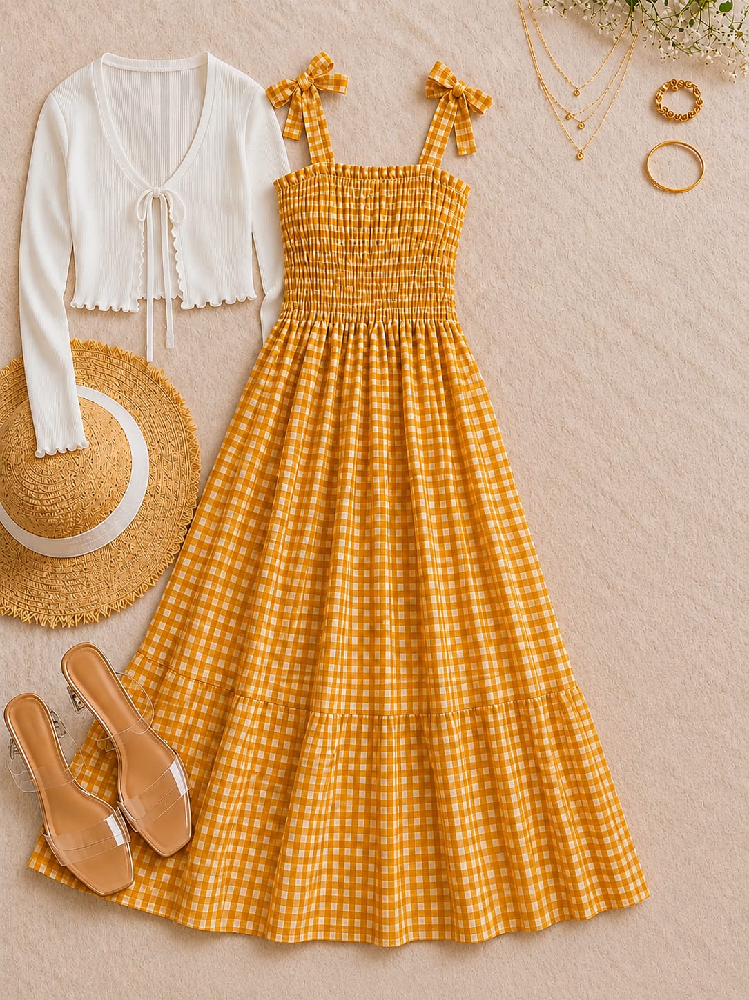 Elegant Maxi Dress with Contrast Scalloped Trim & Matching Tie-Front Cardigan
