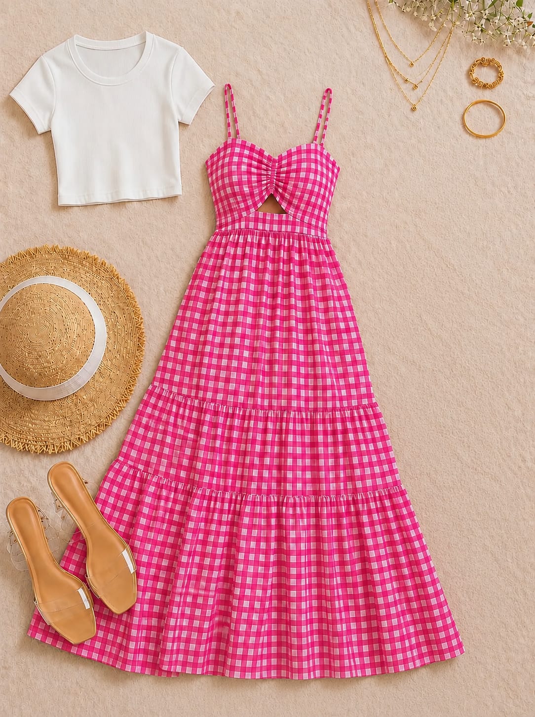 Elegant Maxi Dress with Contrast Scalloped Trim & Matching Tie-Front Cardigan