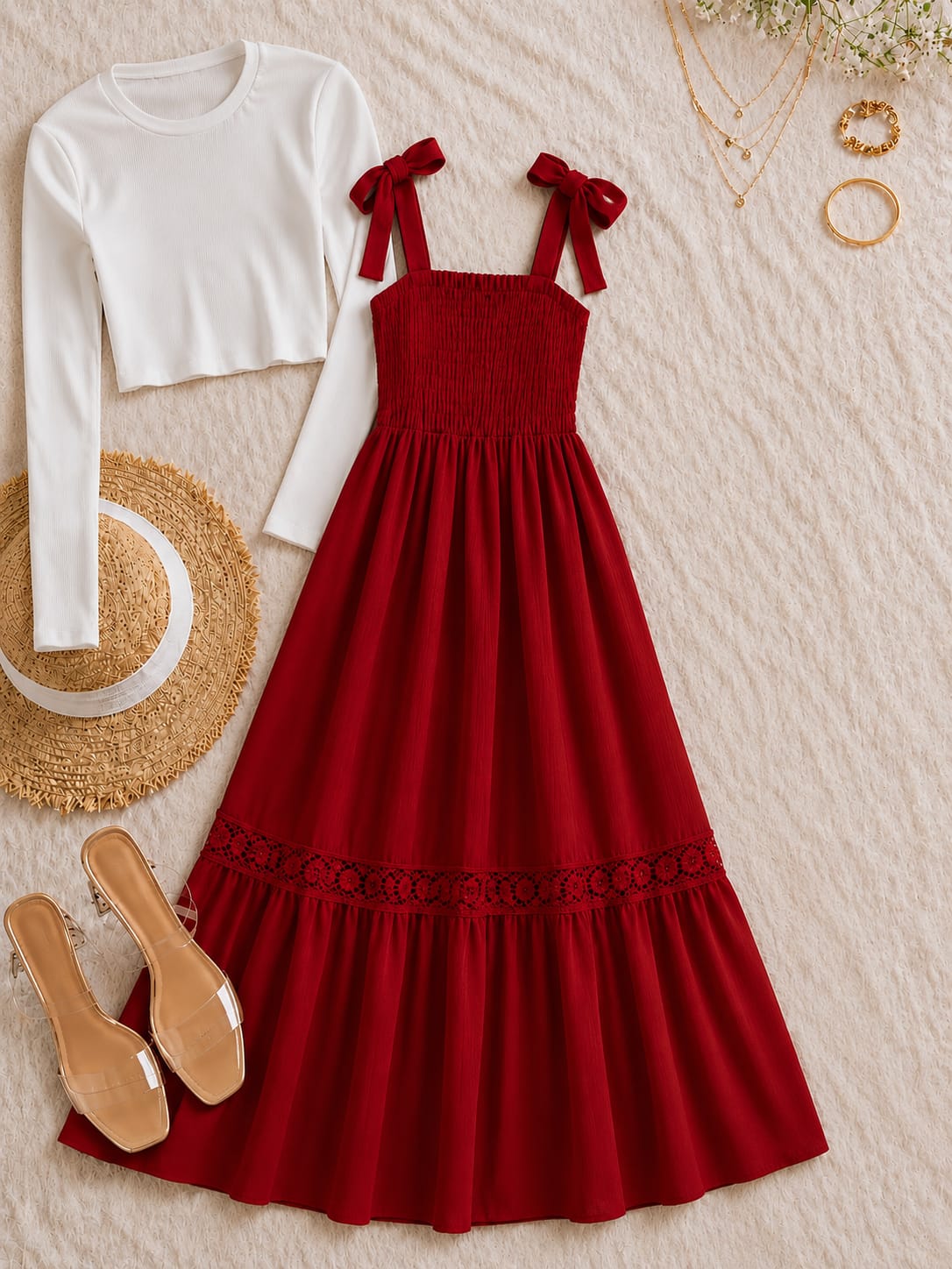 Elegant Maxi Dress with Contrast Scalloped Trim & Matching Tie-Front Cardigan