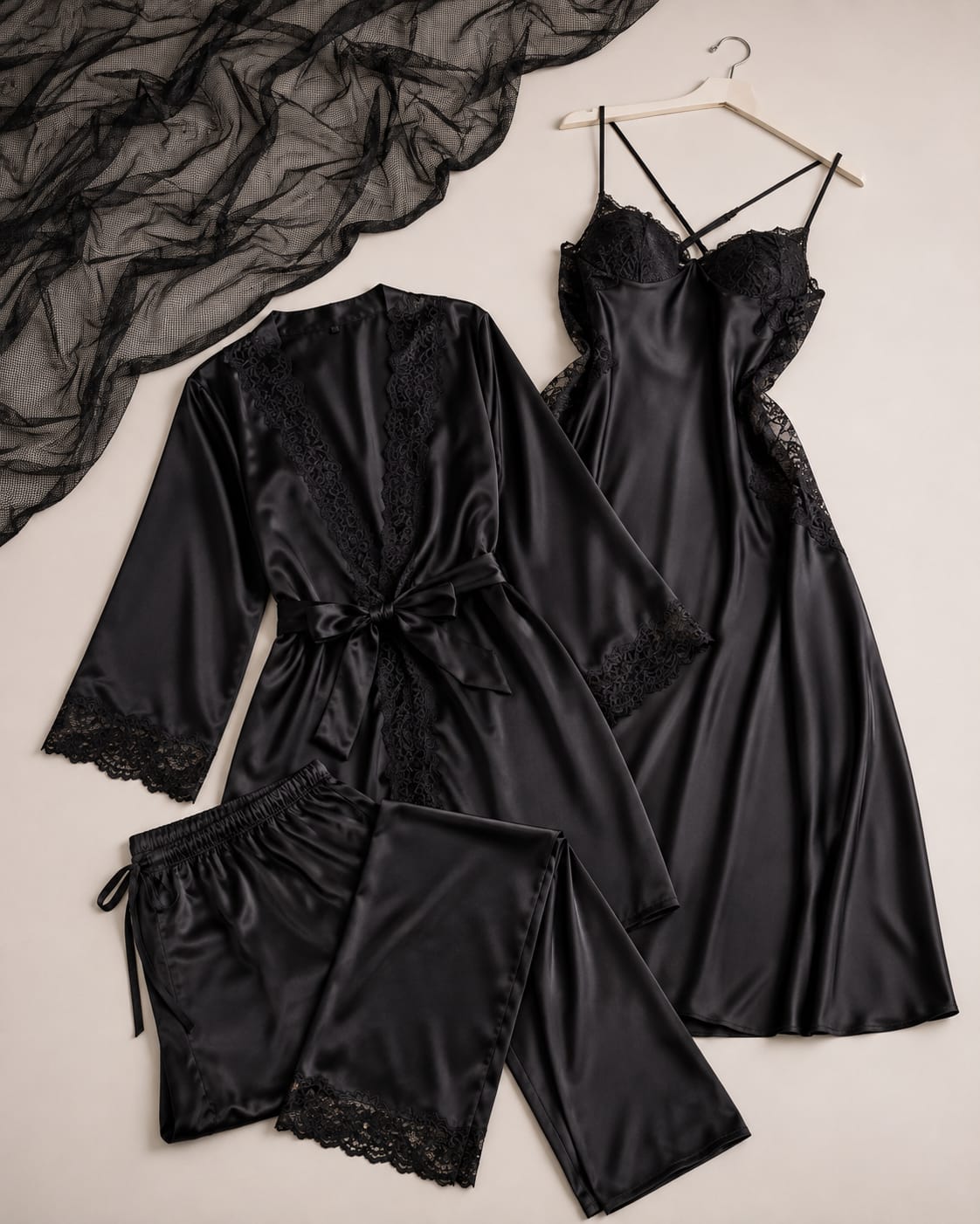 Luxury Satin Lace 6-Piece Premium Sleepwear Collection (BLACK)