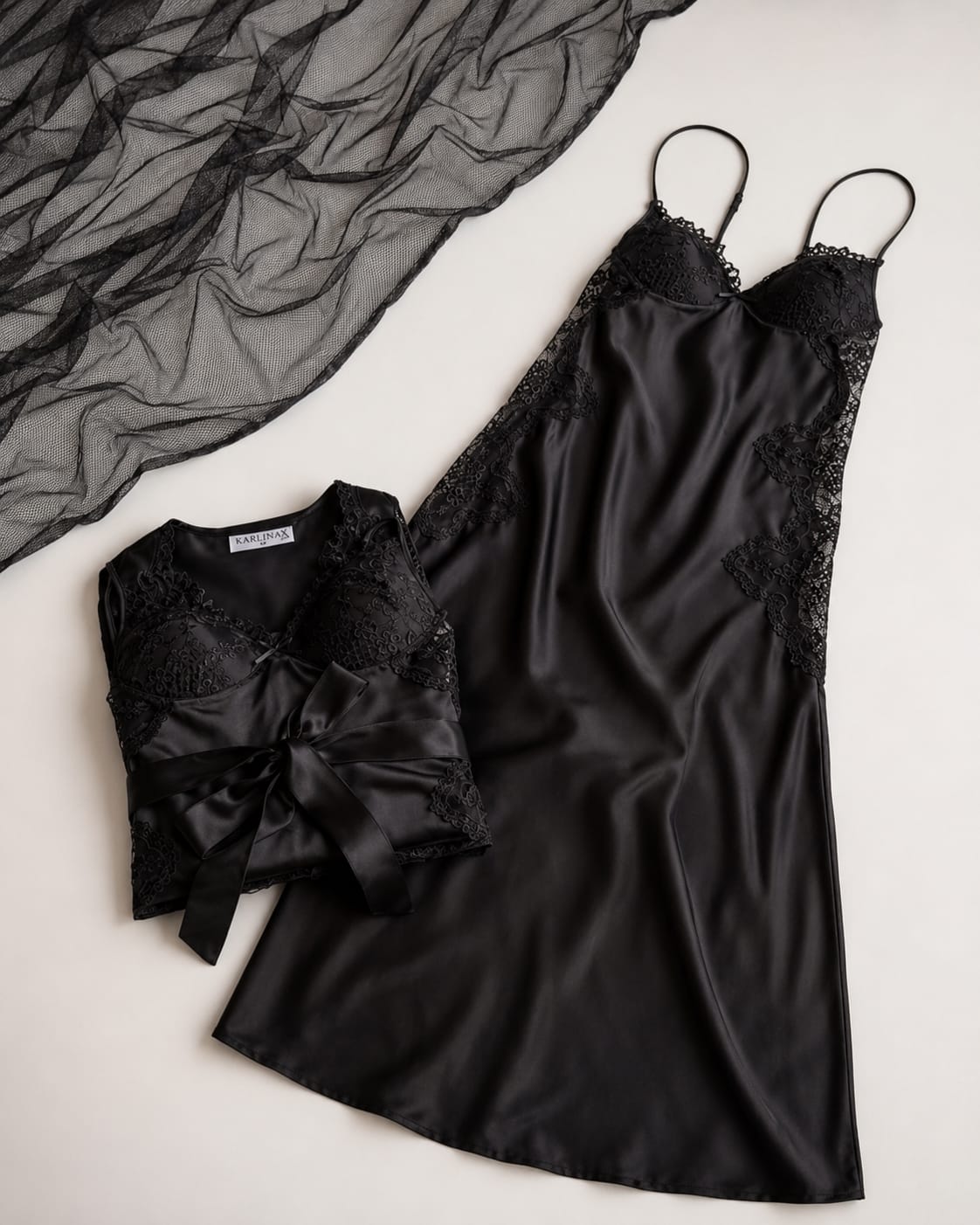 Luxury Satin Lace 6-Piece Premium Sleepwear Collection (BLACK)