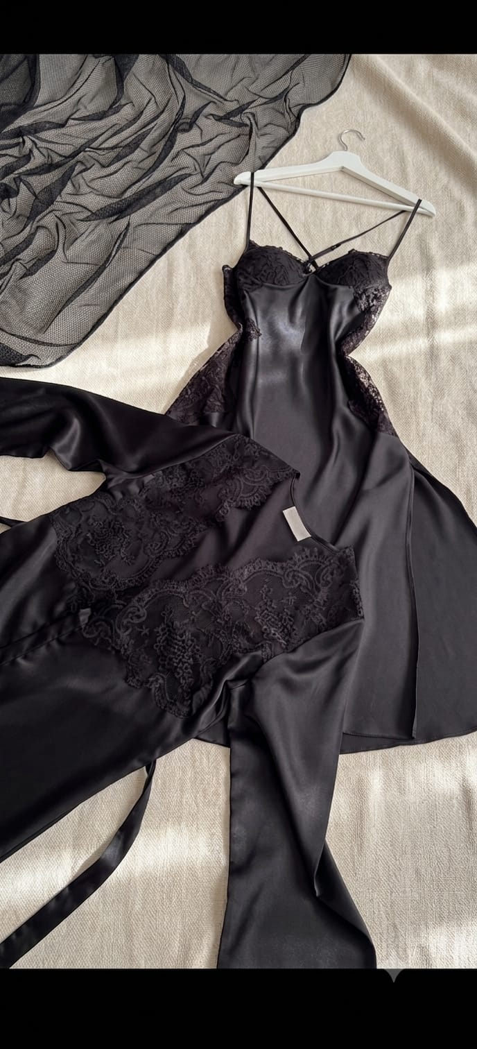 Luxury Satin Lace 6-Piece Premium Sleepwear Collection (BLACK)
